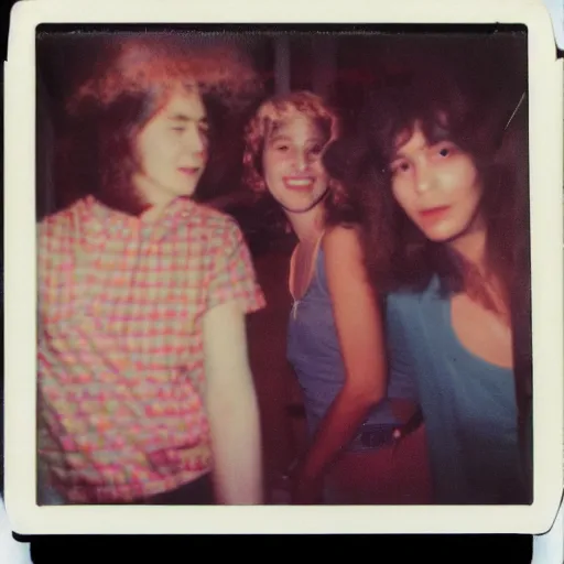 Image similar to a Polaroid photo of a 1980 party in a student apartment