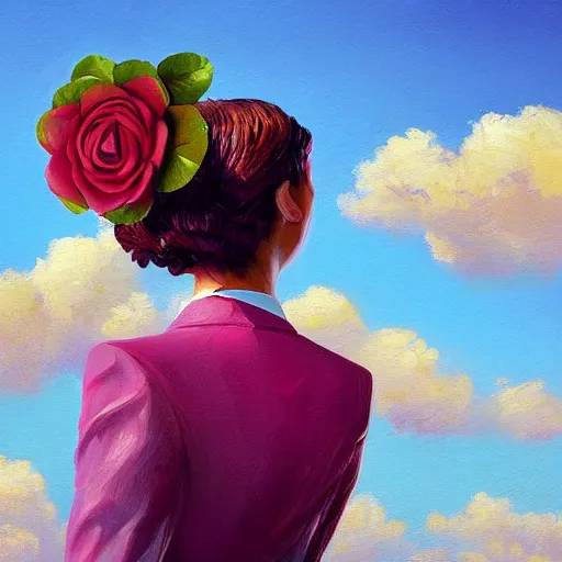 Image similar to closeup, giant rose flower as a head, frontal, girl in a suit, surreal photography, sunrise, blue sky, dramatic light, impressionist painting, digital painting, artstation, simon stalenhag