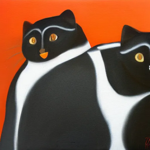 Image similar to Dois gatos a jogar pingue-pongue sobre fundo cor de laranja, oil painting