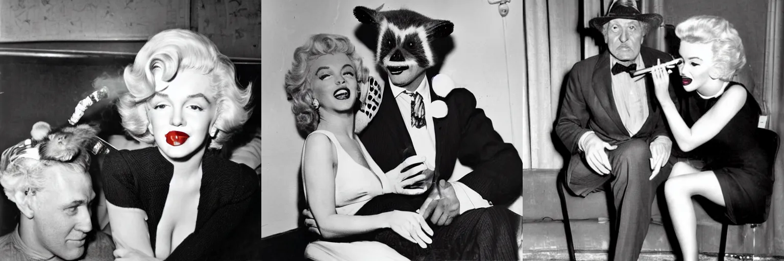 Prompt: Marylin Monroe and man with raccoon head sitting and smoking in A jazz club