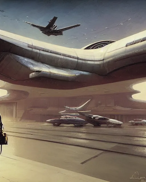 Image similar to a highly detailed epic cinematic concept art CG render digital painting artwork: retro futuristic Airport. By Greg Rutkowski, in the style of Francis Bacon and Syd Mead and Norman Rockwell and Beksinski, open ceiling, highly detailed, painted by Francis Bacon and Edward Hopper, painted by James Gilleard, surrealism, airbrush, Ilya Kuvshinov, WLOP, Stanley Artgerm, very coherent, triadic color scheme, art by Takato Yamamoto and James Jean