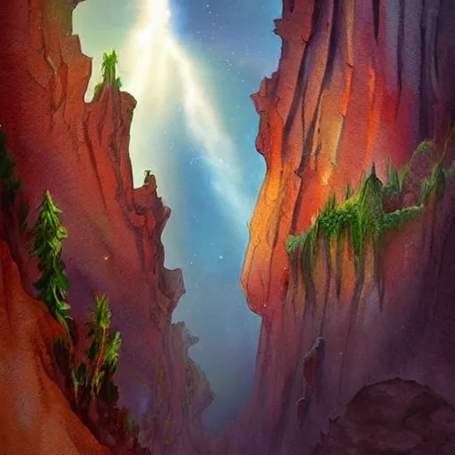 Image similar to beautiful lush natural scene on another planets majestic imposing cliffs. different than earth but beautiful. lightfall. beautiful detailed artistic watercolor. trending on artstation and deviantart.