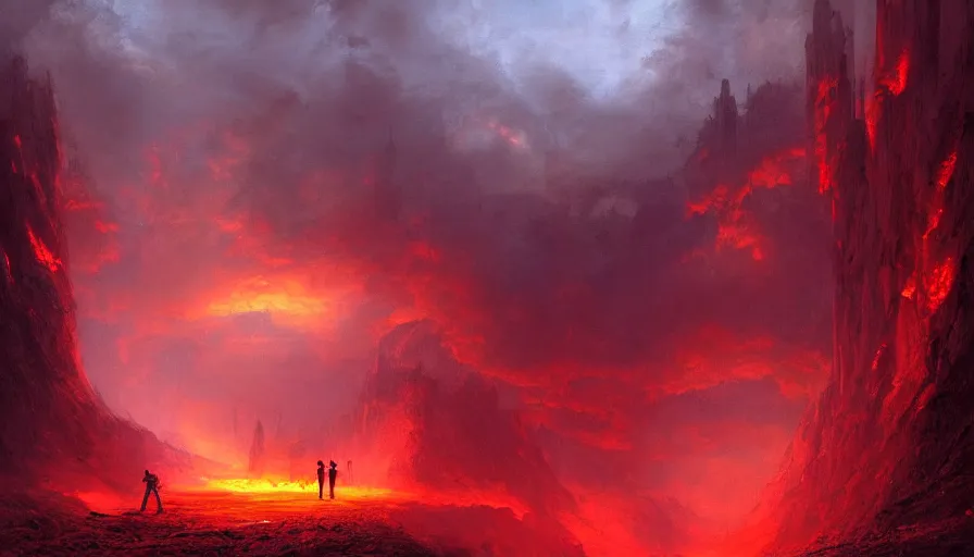 Prompt: entrance to the underworld, fire, red sky, red rain, rule of thirds, highly detailed, volumetric lighting, trending on artstation, concept art, matte painting, 4k, octane render, art by ted nasmith and greg rutkowski