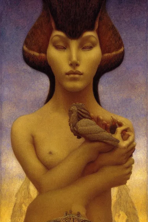 Image similar to a detailed painting of a beautiful mythical sphinx, beautiful woman face, mythical creature, lush garden, during night, magical mood, muted tones, symbolist painting, by fernand khnopff, jean delville, james jean, exquisite details, dark mood,