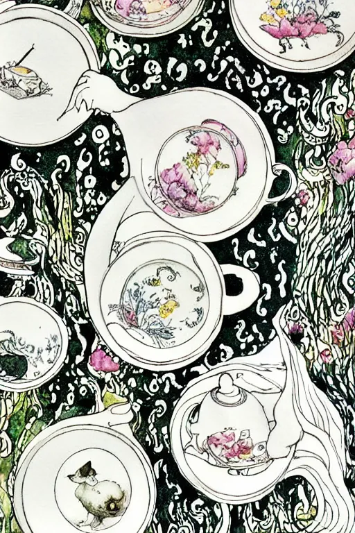 Image similar to tea cups, tea set on table with flowers, white rabbit, detailed art by kay nielsen and walter crane and h j ford, black and white illustration style, watercolor