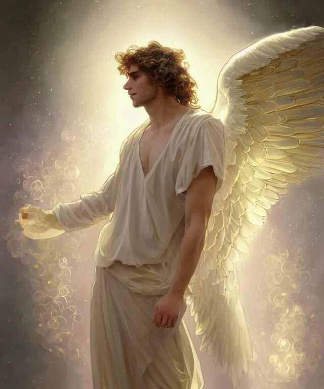 Image similar to fullbody portrait of a beautiful young fit male angel with curly blond hairs, full dressed in long fluent clothes, majestic big dove wings, luminous halo, by greg rutkowski and alphonse mucha, gradient white to gold, in front of an iridescent background, highly detailed portrait, digital painting, artstation, concept art, smooth, sharp focus illustration