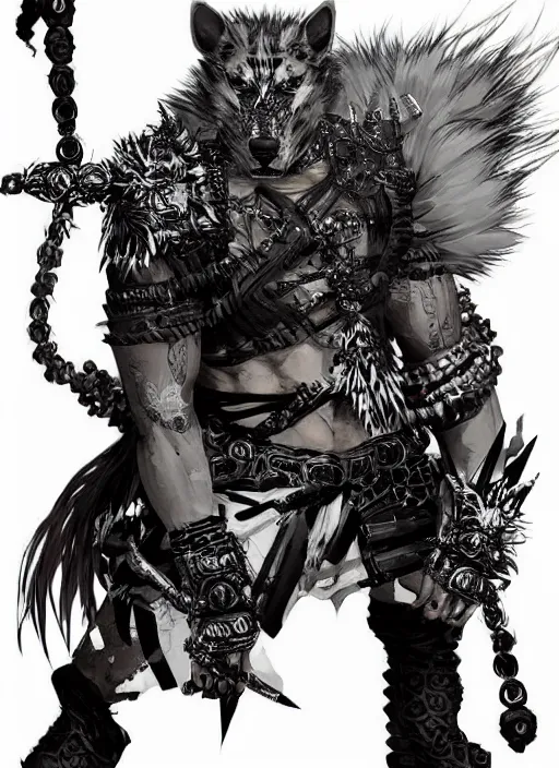 Image similar to Full body portrait of a scarred gnoll with white fur in ornate ninja garb. In style of Yoji Shinkawa and Hyung-tae Kim, trending on ArtStation, dark fantasy, great composition, concept art, highly detailed, dynamic pose.