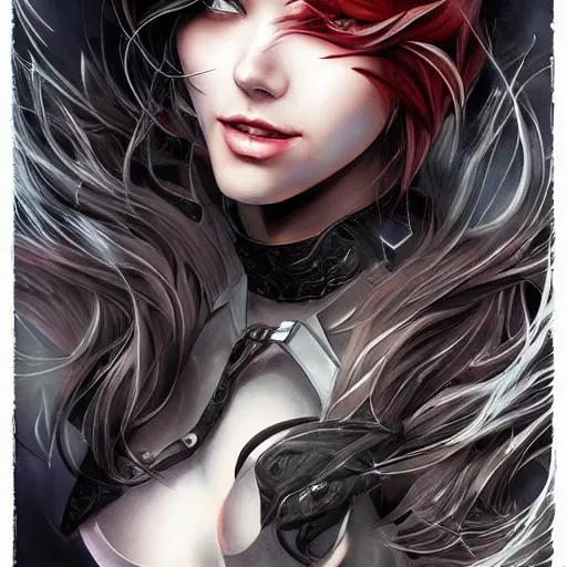 Image similar to evil hero malicious edge, heroine, beautiful, playful smile, detailed portrait, intricate complexity, in the style of Artgerm, Kazuki Tanahashi, and Ross Tran, cel-shaded