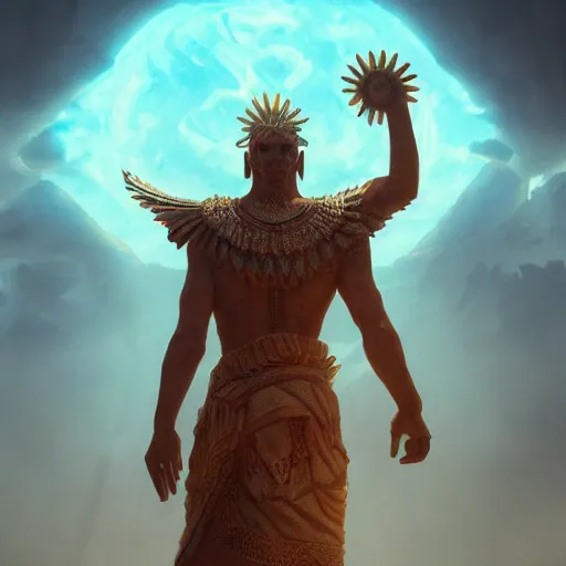 Prompt: god of sun, concept art, highly detailed, digital painting, cinematic light, sharp focus, octane render