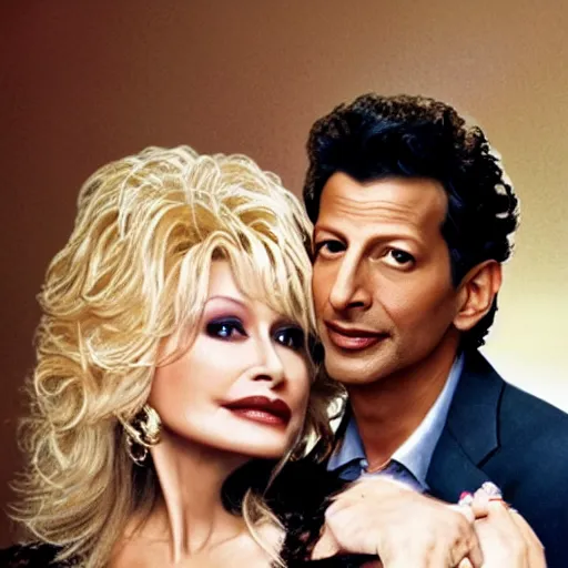 Image similar to romance novel book cover of jeff goldblum and dolly parton