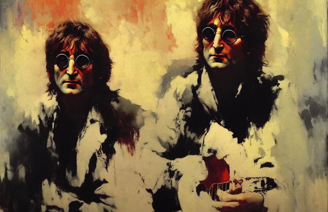 Image similar to portrait of john lennon!!!!!!!!!!!!!!!!!!!!!!!!!!!, detailed face, detailed painting,, epic lighting, by ilya repin, phil hale and kent williams