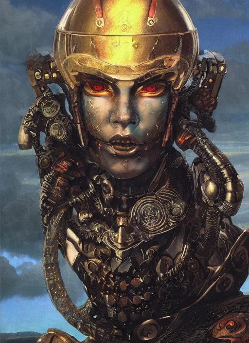 Image similar to biblical diabolical beautiful female valkyree! samurai cyborg, slick metal plastic armor, jump, heavy eyes to the side, closeup, bright glowing eyes, in clouds, rain, sunset, portrait, by gerald brom, by mikhail vrubel, by peter elson, muted colors, extreme detail, reflections, trending on artstation, 8 k