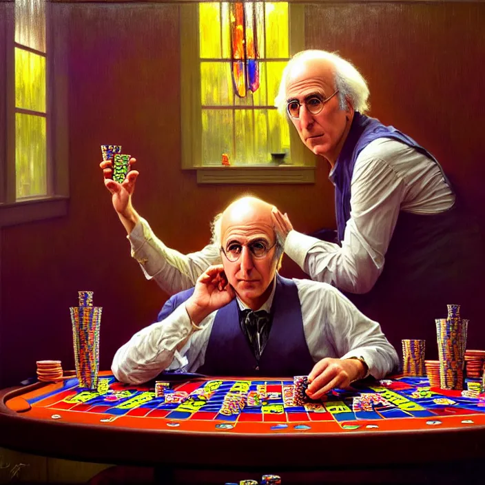 Image similar to bright psychedelic portrait of larry david playing poker, diffuse lighting, fantasy, intricate, elegant, highly detailed, lifelike, photorealistic, digital painting, artstation, illustration, concept art, smooth, sharp focus, art by John Collier and Albert Aublet and Krenz Cushart and Artem Demura and Alphonse Mucha