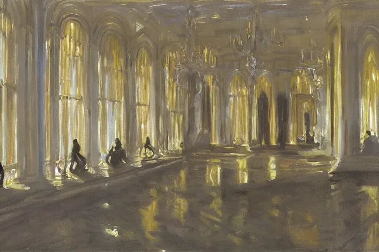 Prompt: Glimmering light drips from crusted balustrades onto a lone subject in the center of a vast ballroom. Dingos surround on every side. John Singer Sargent