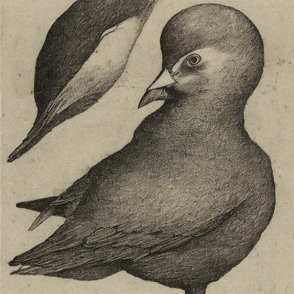 Image similar to etching of a pigeon on style of albrecht duerer