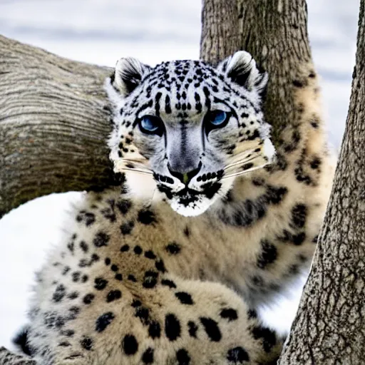 Image similar to anthropomorphic snow leopard leaning against a tree with a bow