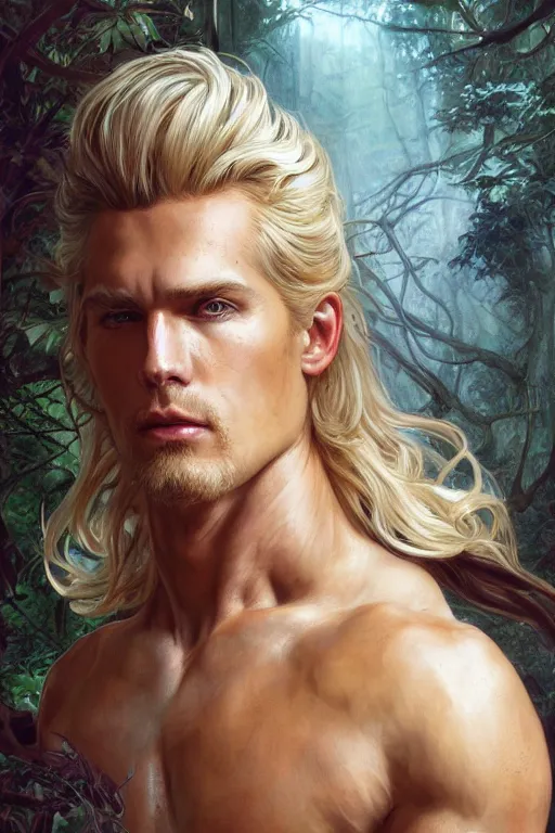 Image similar to portrait of a blonde herculian man in a leather - jacket, flowing hair, forest, full body, muscular, fantasy, intricate, elegant, highly detailed, digital painting, artstation, concept art, sharp focus, illustration, art by artgerm and greg rutkowski and alphonse mucha