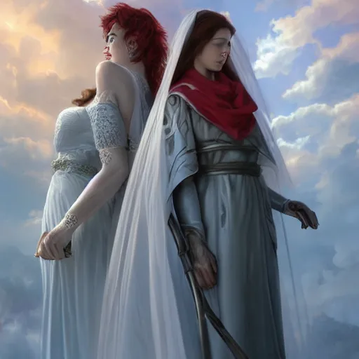 Image similar to an beautiful and detailed matte painting of a lesbian wedding between evil pyromancer and a red mage, unholy, white church background, god rays, detailed face, sharp focus, highly detailed, cinematic lighting, studio quality, colorful, smooth render, vector illustration, award winning, by artgerm, greg rutkowski, alphonse mucha