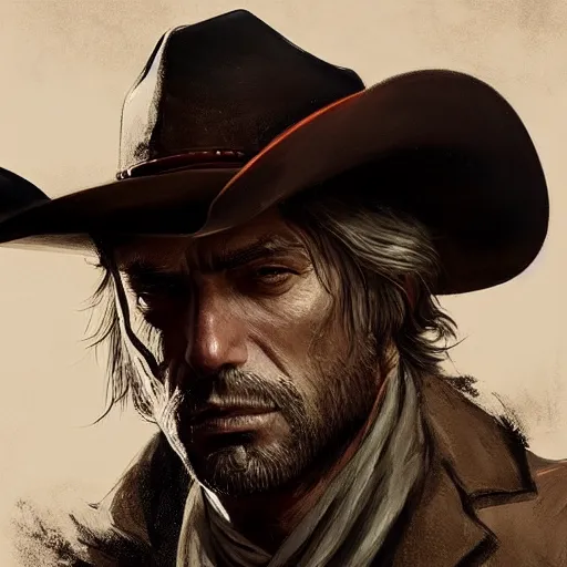 Prompt: portrait of a man with a long duster, grey hair and a cowboy hat, greek origin, harsh good looking face, drawn by ruan jia, fantasy art, red dead redemption, django, dramatic lighting, digital art, 8 k, highly detailed