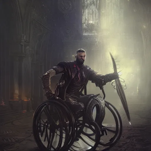 Image similar to handsome portrait of a wheelchair guy fitness posing, radiant light, caustics, heroic, smooth, one legged amputee, bloodborne gehrnan costume, bright iridescent light, by gaston bussiere, bayard wu, greg rutkowski, giger, maxim verehin