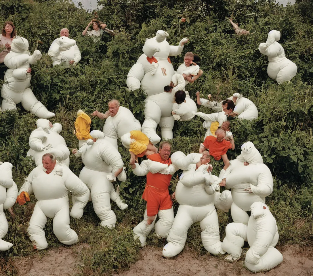 Prompt: a 3 5 mm photography, kodachrome colour of grandpas fighting with white michelin man costume, hippos and alien plants around, beach and sunset backlight, photos taken by martin parr with strong flash on camera