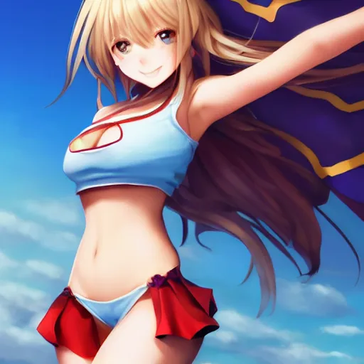 Prompt: a very beautiful young megumin, full body, long wavy blond hair, sky blue eyes, full round face,, bikini, miniskirt, front view, mid - shot, highly detailed, cinematic wallpaper by stanley artgerm lau