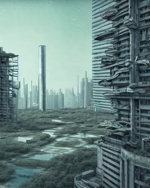 Prompt: a beautiful very detailed rendering of city architecture empire urbex abandoned unfinished building nature building industrial architecture by alvar aalto, fisheye desert matte painting nature lake postcyberpunk otherworldly liberty city biopunk laser, archdaily, wallpaper, highly detailed, trending on artstation.