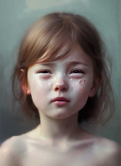 Prompt: photography realistic tender detailed portrait of a young cute girl who is crying but has a slight smile, symmetrical eyes, portrait illustration, trending on artstation, characterdesign, sharp focus, illustration, art by ruan jia, ghibli, elena shumilova, leah robinson