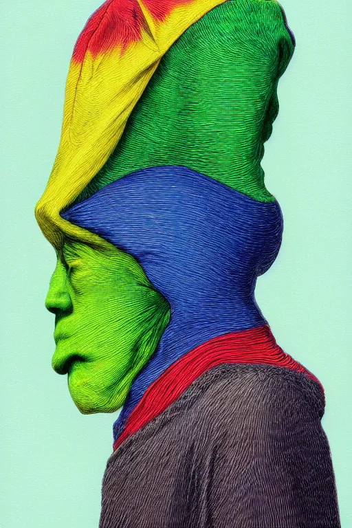 Prompt: a vibrant ultraclear sideview waist up portrait of chameleon wearing rainbow cape hoodie by rene magritte and laurie greasley, etching by gustave dore, colorful flat surreal, ethereal, intricate, sharp focus, illustration, highly detailed, digital painting, concept art, masterpiece