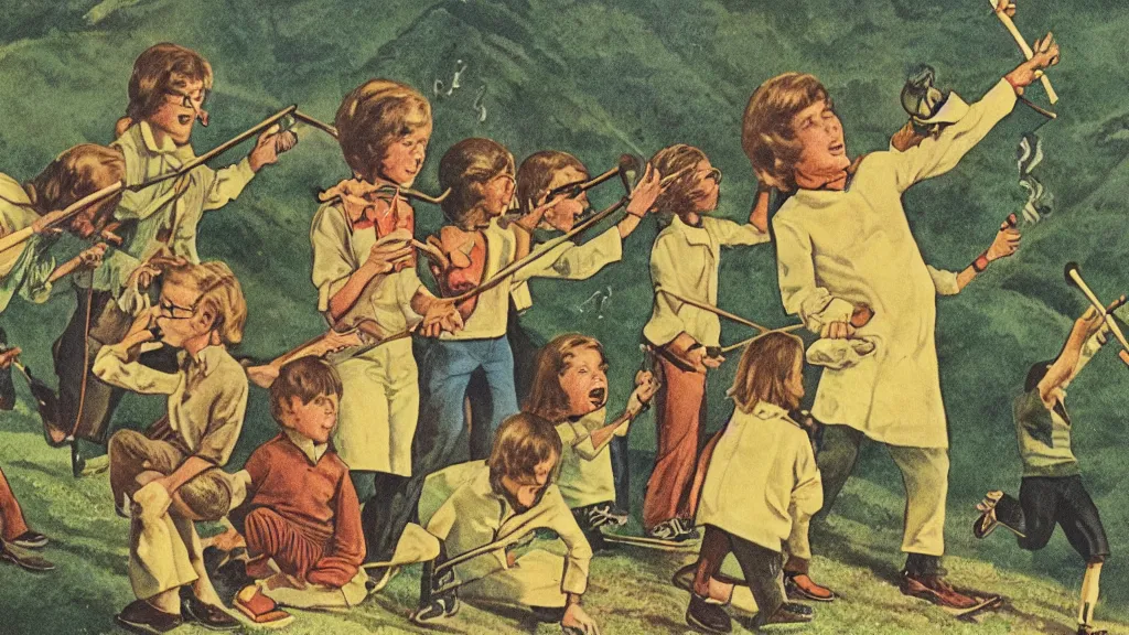 Image similar to A vintage scientific illustration from the 1970s of the Pied Piper luring hundreds of children up a hill while playing his pipe by Wes Anderson