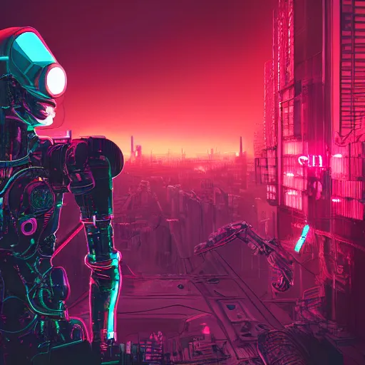Prompt: character with short white hair who is half machine, robotic arm, overlooking city, neonpunk, dystopian, scifi, intricate, detailed red lighting, digital art, trending on artstation