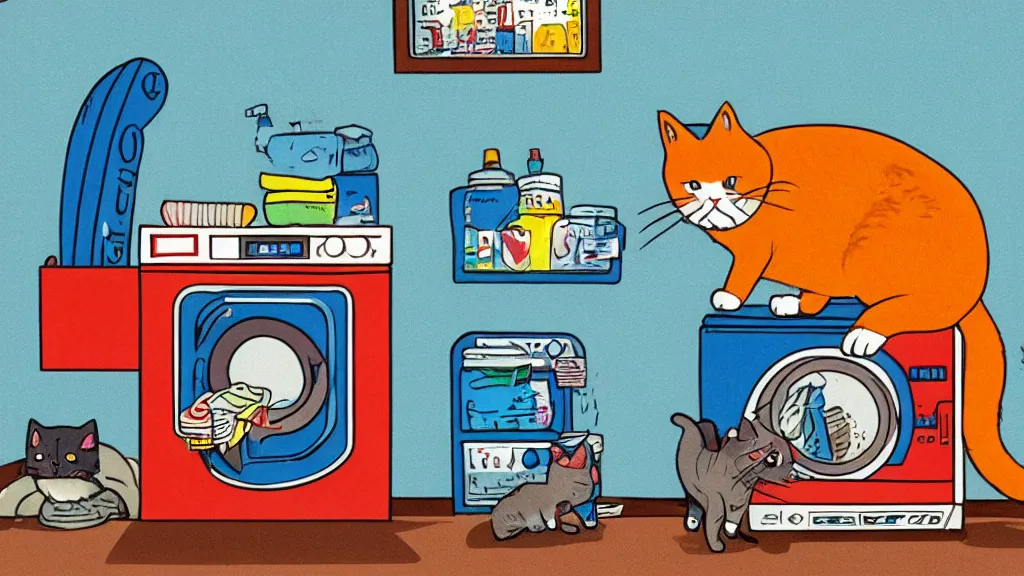 Image similar to cat sitting on top of a washing machine in a laundromat by Richard Scarry illustration