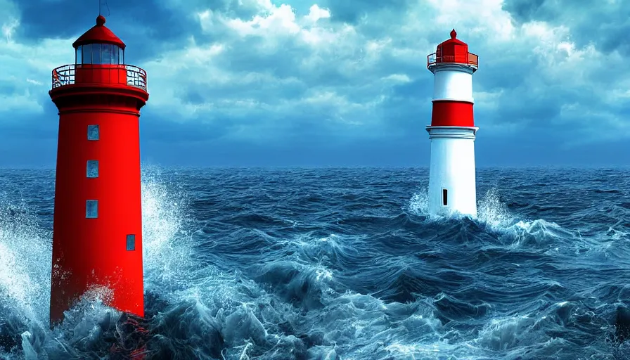 Prompt: a water spout approaches a lighthouse out at sea, digital art, highly detailed, realistic, bright colors, 8 k