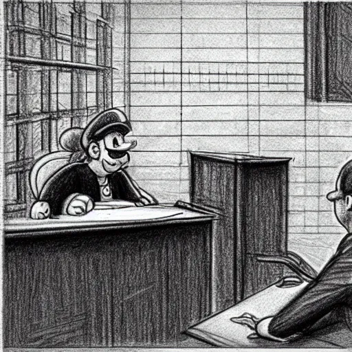 Prompt: mario at the witness stand in court. pencil court sketch. intricate. highly professionally detailed.