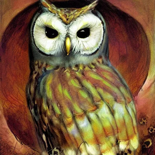 Prompt: owl painting by brian froud