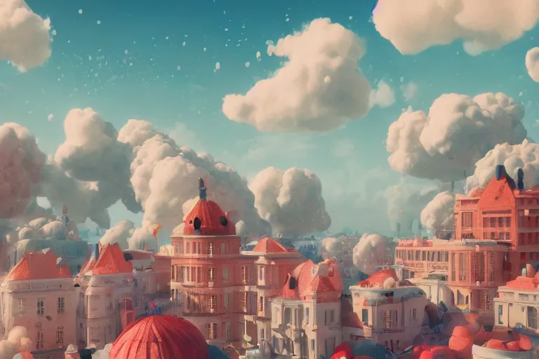 Image similar to super detailed color art, lots of clouds made of white foamy bubbles, unreal engine, wes anderson color palette, 3d render, colorful, digital art