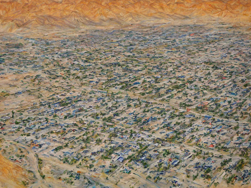 Prompt: landscape, bird view, large Trailer park in the desert near the oasis with a reservoir and rednecks, painting by Alison Elizabeth Taylor