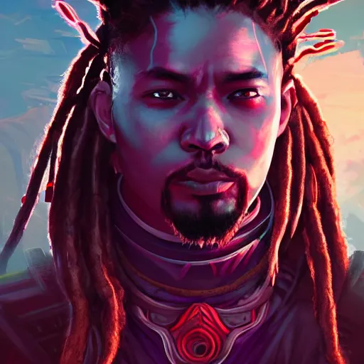 Prompt: dreadlock samurai in a dark fantasy cyberpunk style with a glowing ruby in the middle of his forehead, Apex Legends character, digital illustration portrait design, by android jones and greg rutkowski, retrowave color scheme, detailed, cinematic lighting, wide angle action dynamic portrait