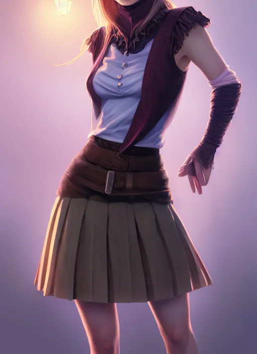 Image similar to portrait of a full body of beautiful young female detective, d & d, sleeveless turtleneck, pleated skirt, fantasy, flat lighting, intricate, highly detailed, digital painting, artstation, concept art, smooth, sharp focus, illustration, misa amane, art by simon bisley and greg rutkowski and alphonse mucha, natural tpose