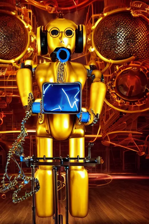 Image similar to portrait photo of a giant huge golden and blue metal humanoid female steampunk robot singer with headphones and gears and tubes, in the foreground is a big red glowing microphone on a tripod, eyes are glowing red lightbulbs, shiny crisp finish, 3 d render, 8 k, insaneley detailed, fluorescent colors, background is multicolored lasershow