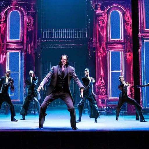 Image similar to Production photo of John Wick the musical on broadway, dancing, singing, fighting, John Wick costumes by Julie Taymor, set design by Julie Taymor