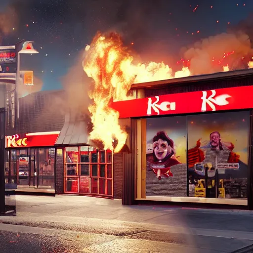 Image similar to ronald macdonald fire bombing a kfc restaurant, hyper real, 8 k, octane render, vivid, bright, photo realistic, city street