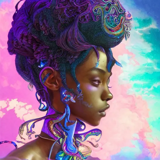 Prompt: the portrait of an absurdly beautiful, graceful, elegant, gorgeous, sensual black young anime goddess made of rainbow crystals, an ultrafine hyperdetailed illustration by kim jung gi, irakli nadar, intricate linework, bright colors, octopath traveler, final fantasy, unreal engine 5 highly rendered, global illumination, radiant light, intricate environment