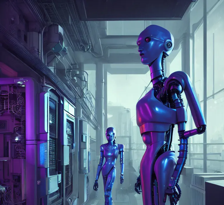 Image similar to hyperrealism stock photography of highly detailed stylish humanoid robot in sci - fi cyberpunk style by gragory crewdson and vincent di fate with many details by josan gonzalez working in the highly detailed data center by mike winkelmann and laurie greasley hyperrealism photo on dsmc 3 system rendered in blender and octane render