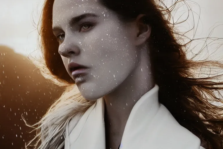 Image similar to a cinematic bust portrait of a beautiful model woman wearing long white futuristic coat, on the top of a mountain, large diffused light, neon light, 4 k, ultra realistic, dramatic lighting, rain, clouds, fog, vogue, fashion, glamour, magazine spread, by marco mazzoni and jessica rossier