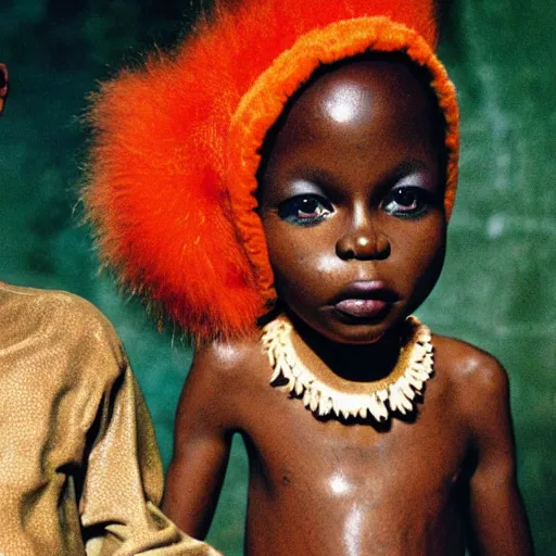 Image similar to a small african boy and a girl in a fox costume, movie still from'tank girl ', afrofuturism, by jamie hewlett and sawoozer and roger ballen,