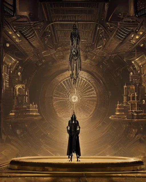 Prompt: a dark sci fi matte painting portrait of a a metallic skeleton priest surrounded by huge metal mandalas and ornate metal, art deco shapes, cinematic lighting, rim light smooth, dark sci fi, unreal engine, octane render, by blizzard studios, golden rule, subject in center of frame, fog volumes, vivid color glow, cgsociety