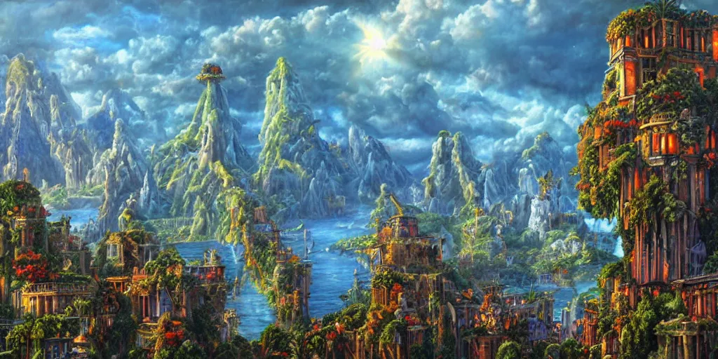 Prompt: fantasy oil painting, regale, fortress mega structure city, colossus of rhodes, atlantis, hybrid, looming, small buildings, warm lighting, overlooking, epic, lush plants flowers, rainforest mountains, bright clouds, luminous sky, outer worlds, cinematic lighting, michael cheval, michael whelan, oil painting, natural tpose