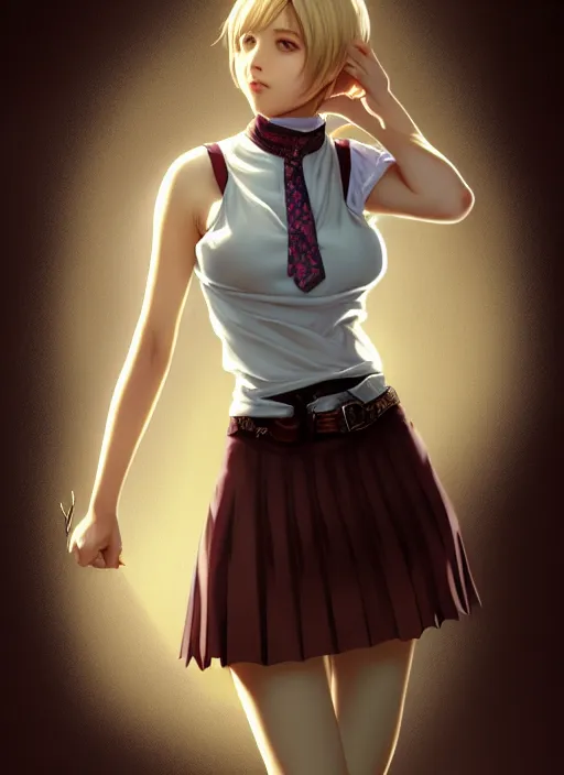 Image similar to portrait of a full body of beautiful young female detective, d & d, sleeveless turtleneck, pleated skirt, fantasy, flat lighting, intricate, highly detailed, digital painting, artstation, concept art, smooth, sharp focus, illustration, misa amane, art by simon bisley and greg rutkowski and alphonse mucha, natural tpose