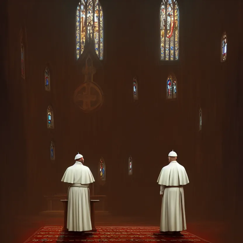 Image similar to pope standing in a curch, digital painting, greg rutkowski, artstation, cinematic, matte painting